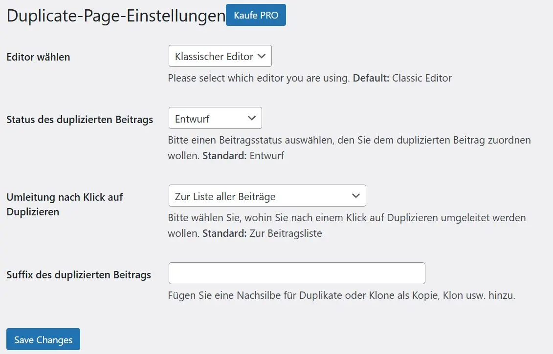 Bild: Einstellungsmöglichkeiten für Duplicate Page