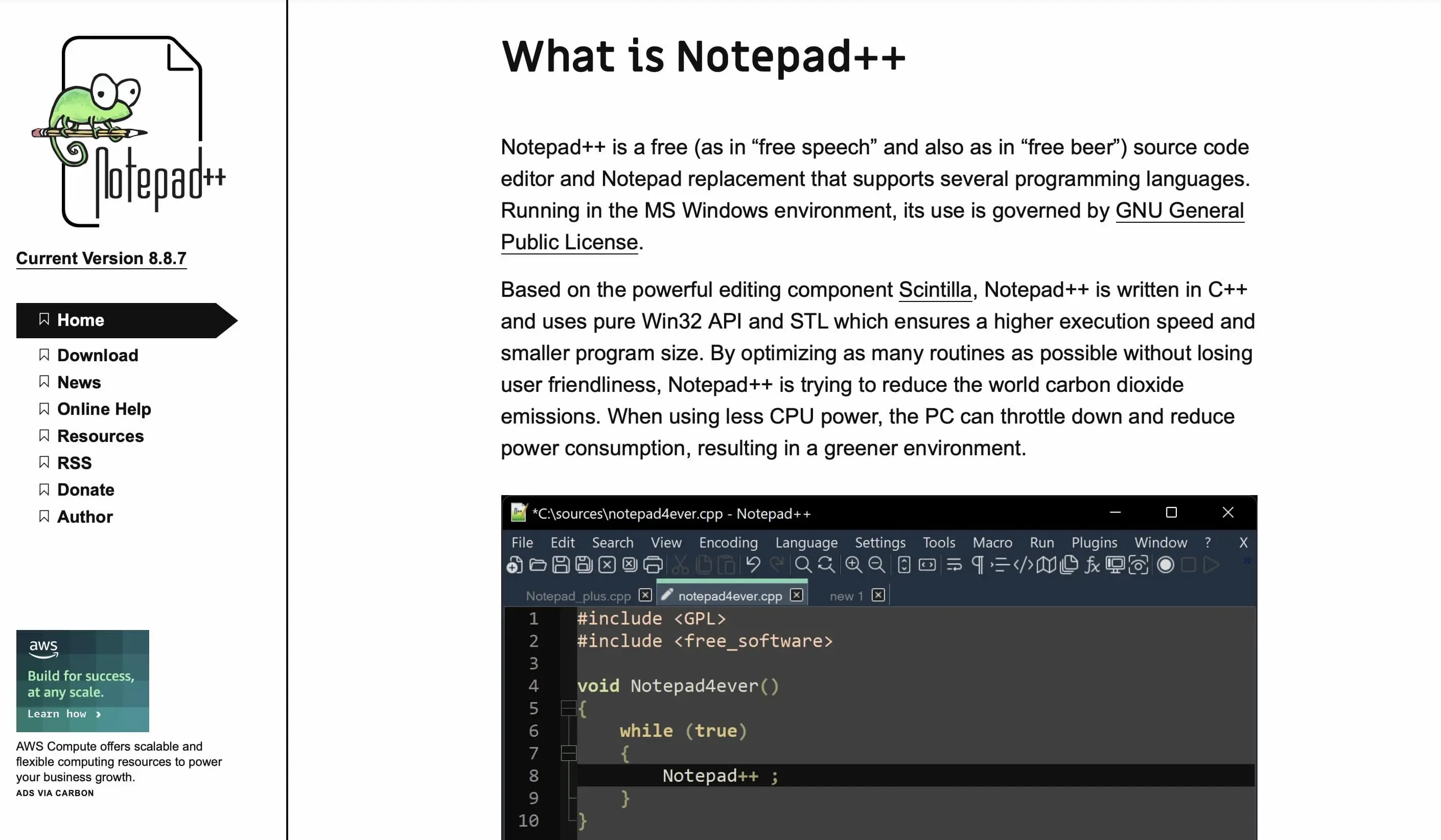 Screenshot der Notepad++ Homepage Bild: Screenshot der Notepad++ Homepage