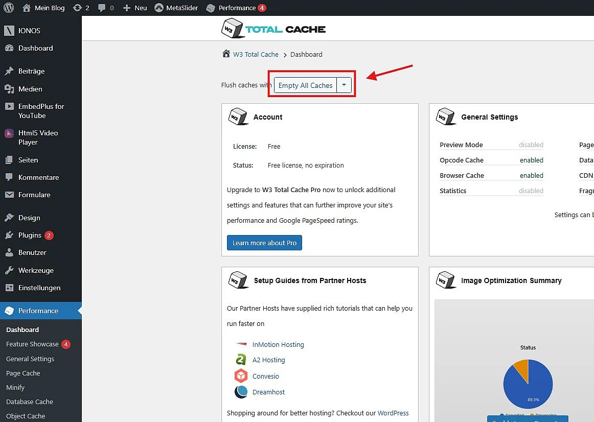 Dashboard W3 Total Cache: Möglichkeit, über das Einstellungsmenü des Plugins den WP-Cache zu leeren Bild: Dashboard W3 Total Cache: Möglichkeit, über das Einstellungsmenü des Plugins den WP-Cache zu leeren