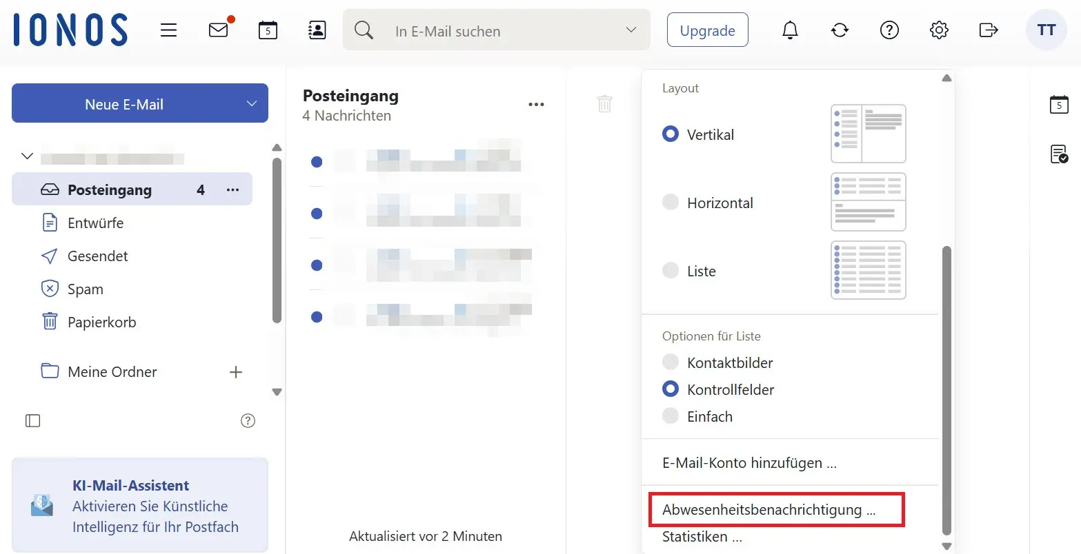 Bild: IONOS-Abwesenheitsnotiz konfigurieren