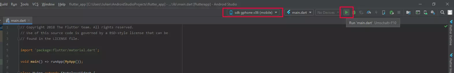 Flutter-Tutorial: Oberfläche, über die man ein virtuelles Testgerät in Android Studio auswählt