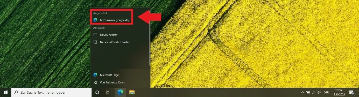 Angehefteter Link im Rechtsklick-Menü des Edge-Icons in der Taskleiste