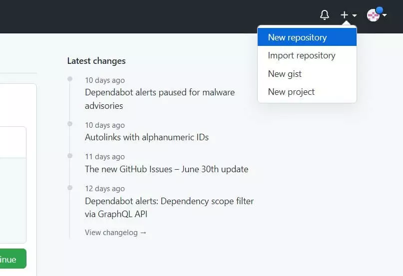 Screenshot GitHub Menü Plus-Icon