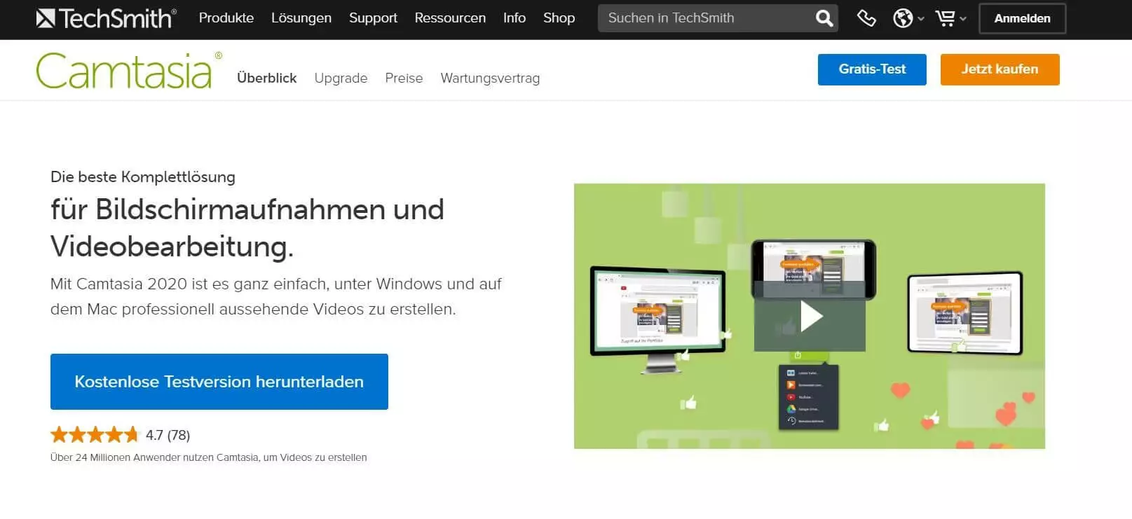 Screenshot der Homepage zu Camtasia von TechSmith