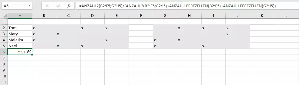 Bild: Kombination von ANZAHL2 und ANZAHLLEERZELLEN in Excel