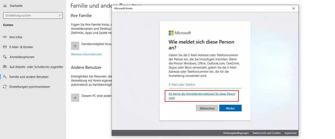 Microsoft-Dialog „Wie meldet sich diese Person an?“
