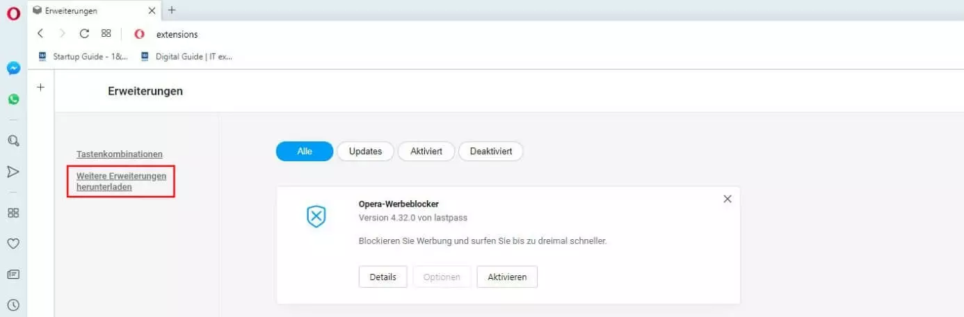 Opera: Menü „Erweiterungen“