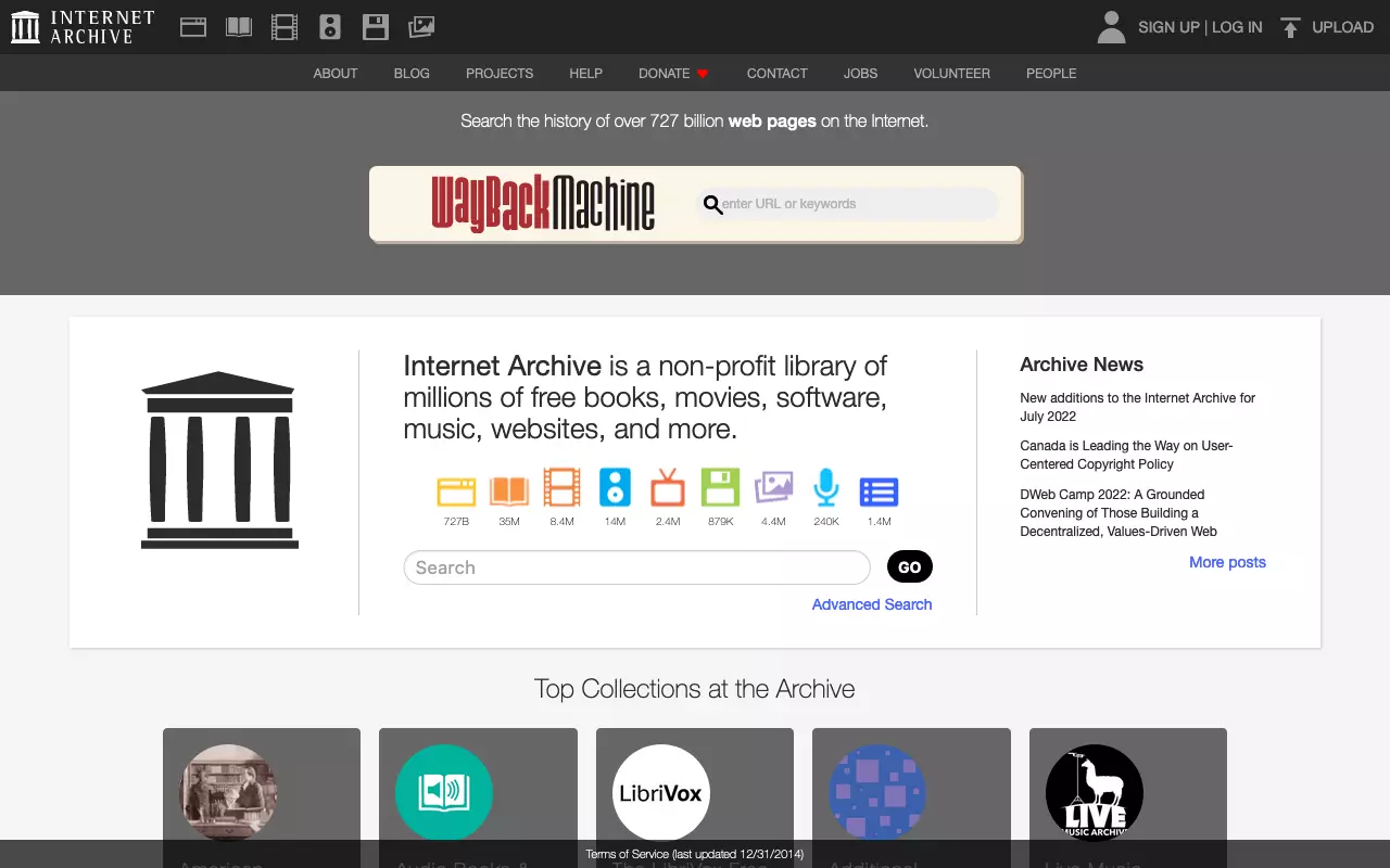 Bild: Homepage des Internet Archive