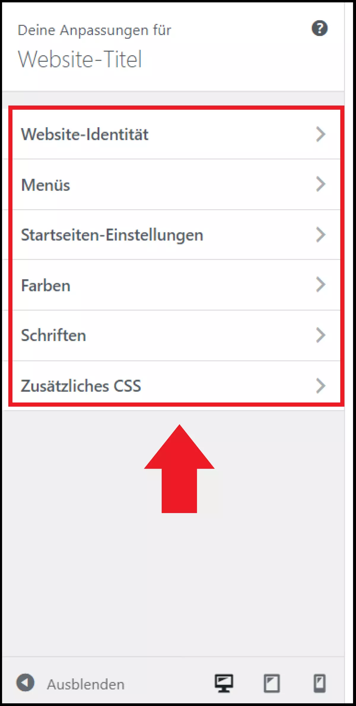 Die Konfigurationen des „Anpassen“-Menüs Die Konfigurationen des „Anpassen“-Menüs