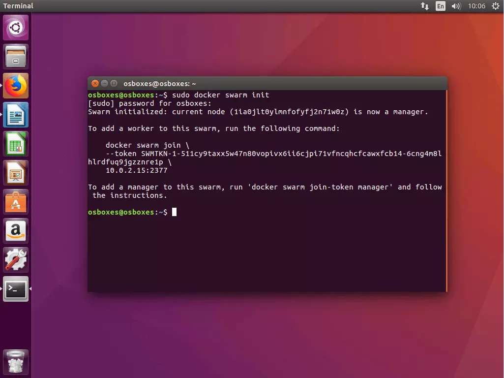 Bild: Der Befehl „docker swarm init“ im Ubuntu-Terminal