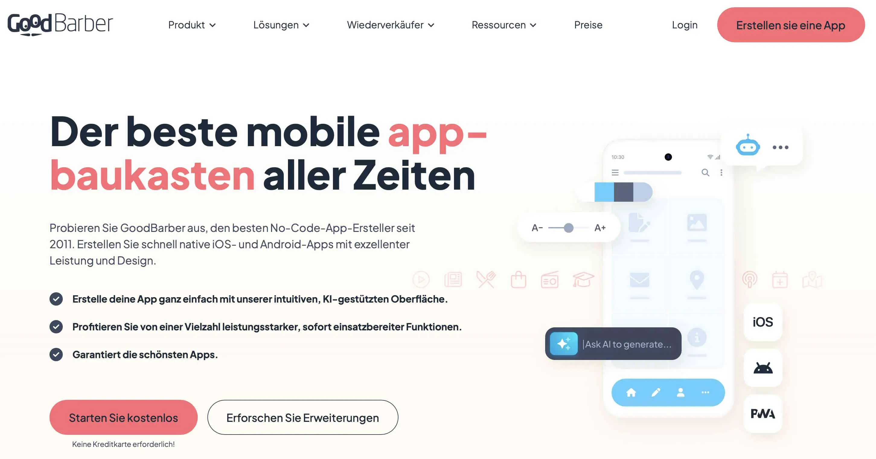 Homepage von GoodBarber Bild: Homepage von GoodBarber