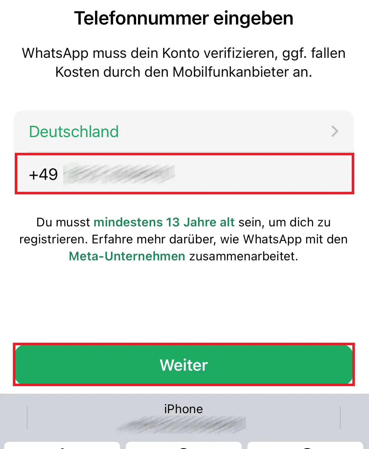Bild: Eingabefenster für die Telefonnummer