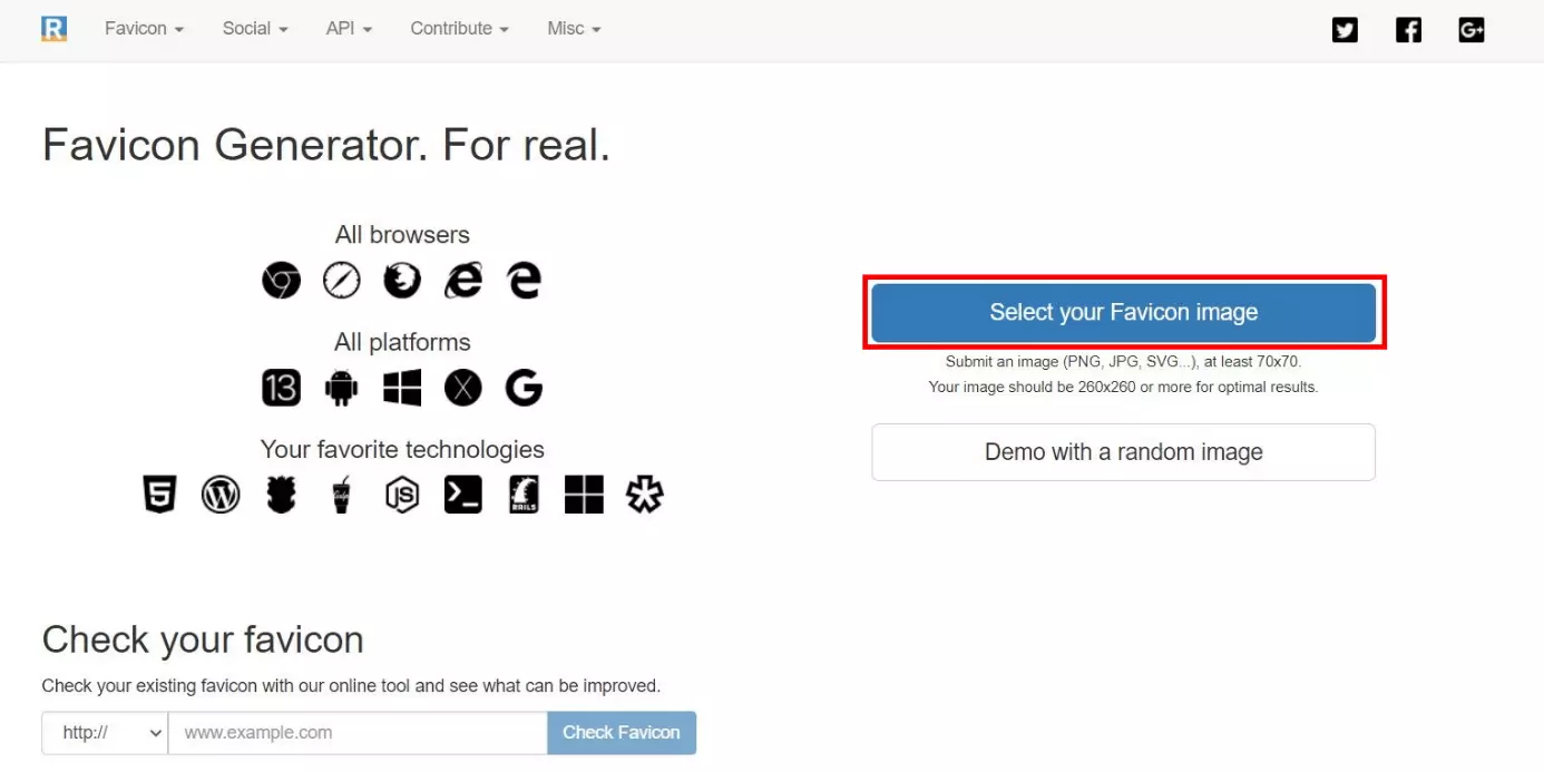 Bild: RealFaviconGenerator: Fenster, in dem Sie das Favicon hochladen