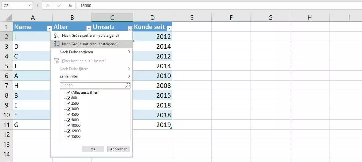 Auswahlfenster für die Sortier- und Filterfunktion von Excel-Tabellen (Excel 2016)