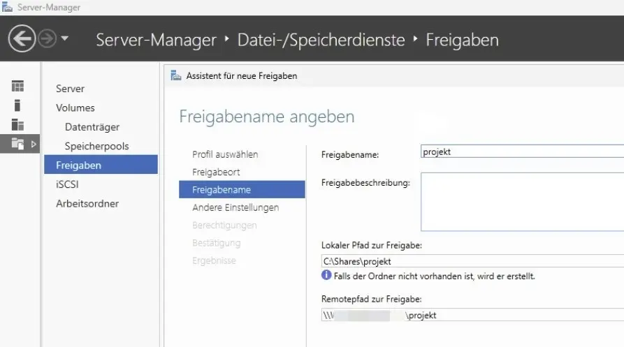 Angeben eines Freigabenamens im Server-Manager Bild: Angeben eines Freigabenamens im Server-Manager