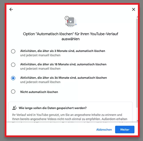 Bild: Aktivierung der Option „Automatisch löschen“