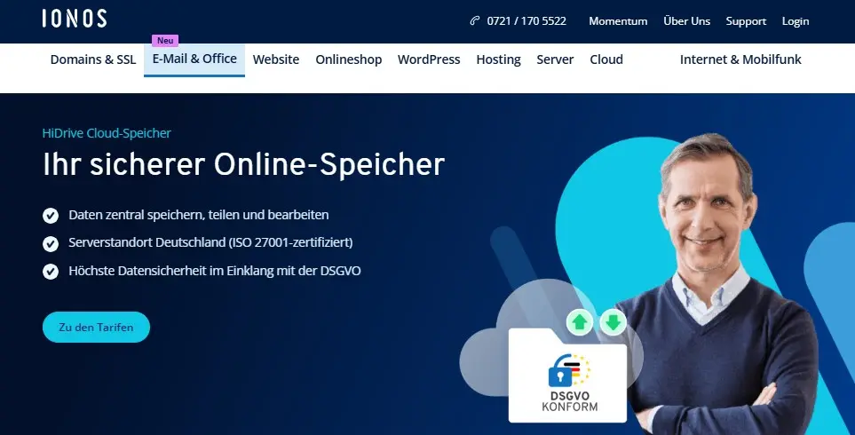 Bild: Screenshot der Vorstellungsseite von IONOS HiDrive Cloud-Speicher