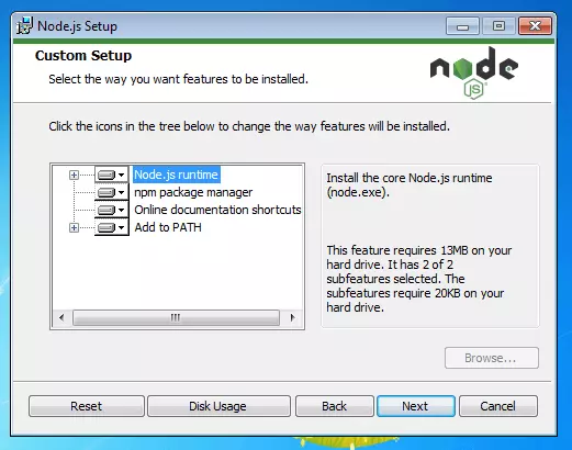 Bild: Node.js-Installations-Set-up: Auswahl der zu installierenden Komponenten