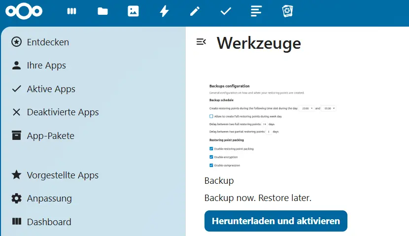 Backup-App im Nextcloud-Store Bild: Backup-App im Nextcloud-Store