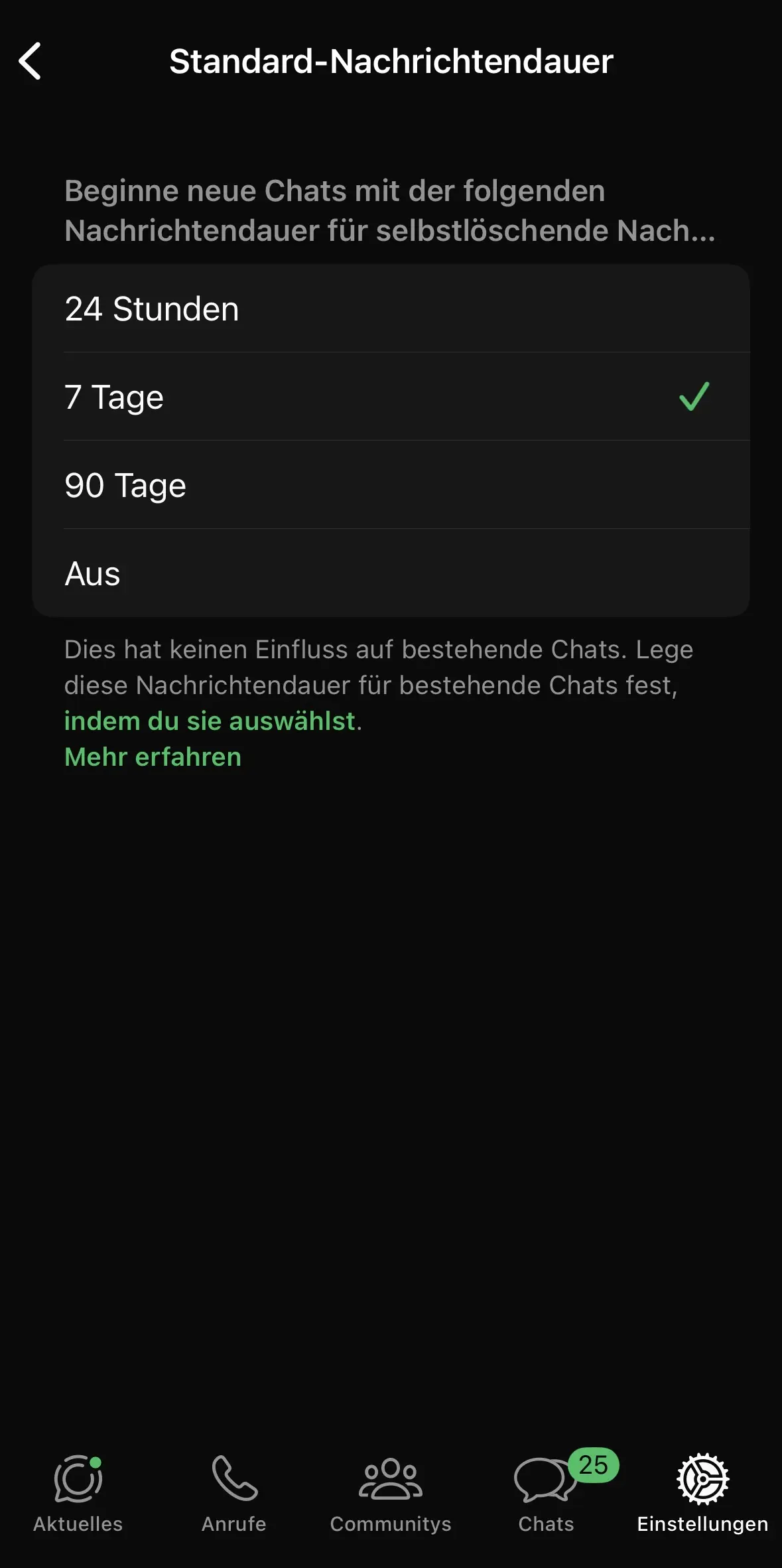 Bild: Einstellung für die Standard-Nachrichtendauer in WhatsApp