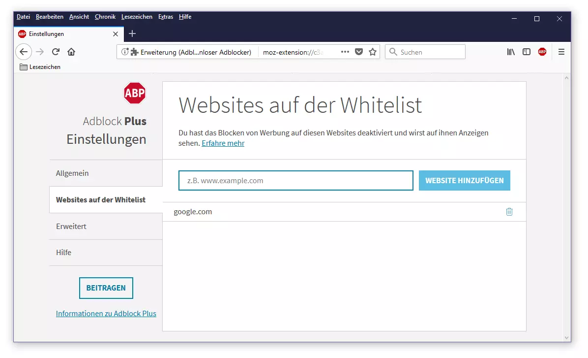 Whitelist des Werbefilter-Add-ons Adblock Plus in Mozilla Firefox
