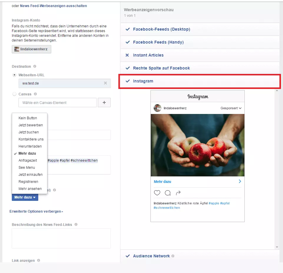 Oberfläche des Werbeanzeigenmanagers von Facebook, Werbeanzeigenvorschau mit Instagram-Vorschau
