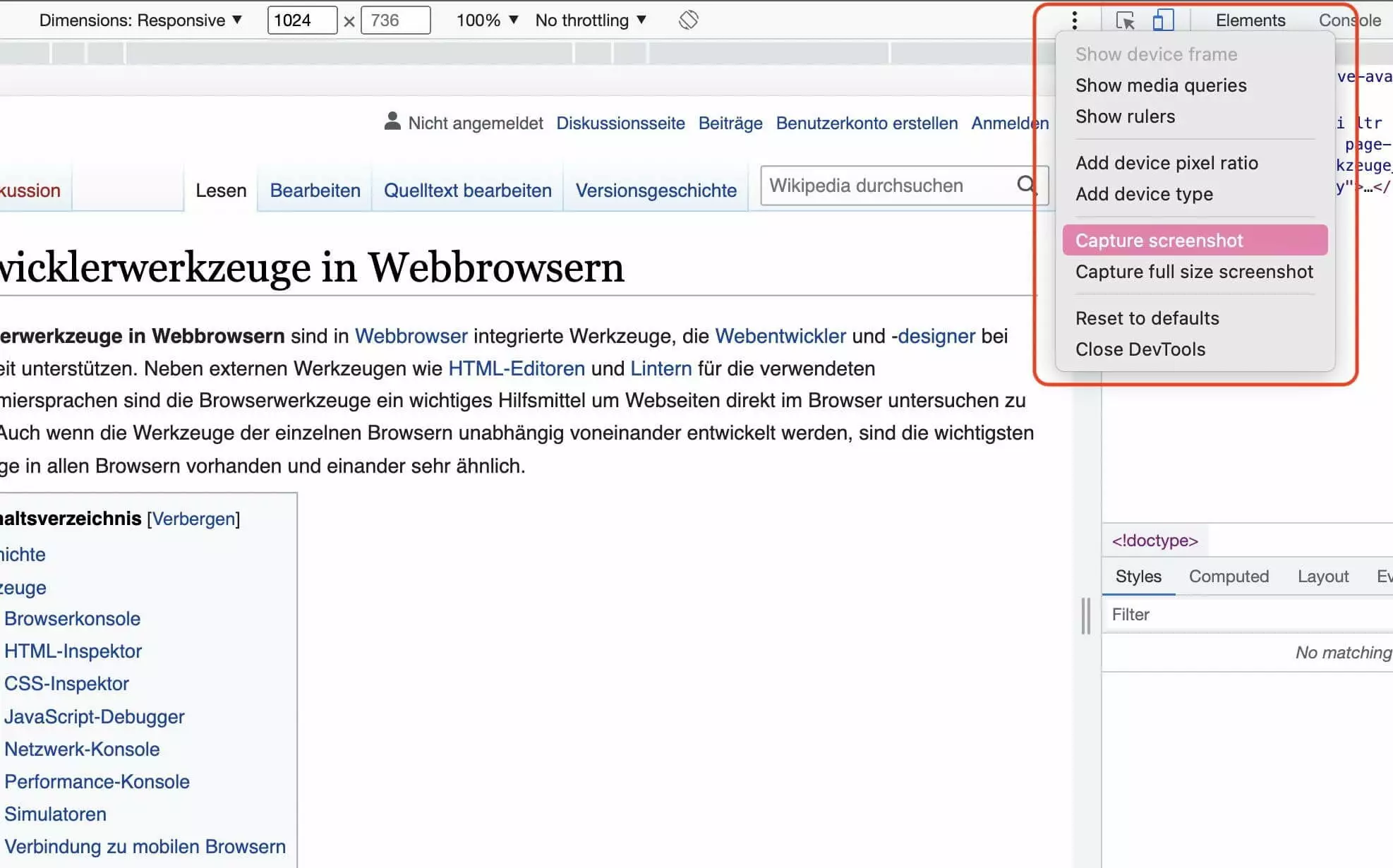 Bild: Anlegen eines Screenshots im Responsive Mode der Chrome-Entwicklertools