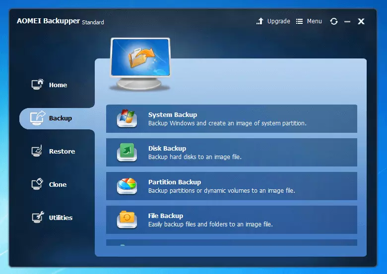 Bild: Aomei Backupper Standard 4.0.4: Menü zur Wahl der Backup-Option
