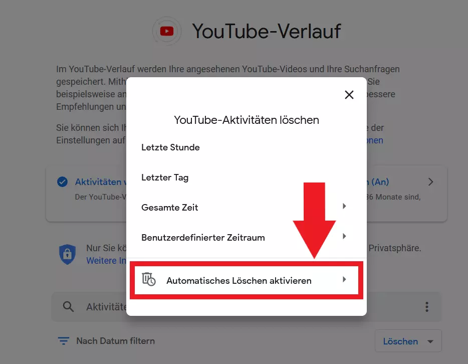 Bild: YouTube-Schaltfläche „Automatisches Löschen aktivieren“