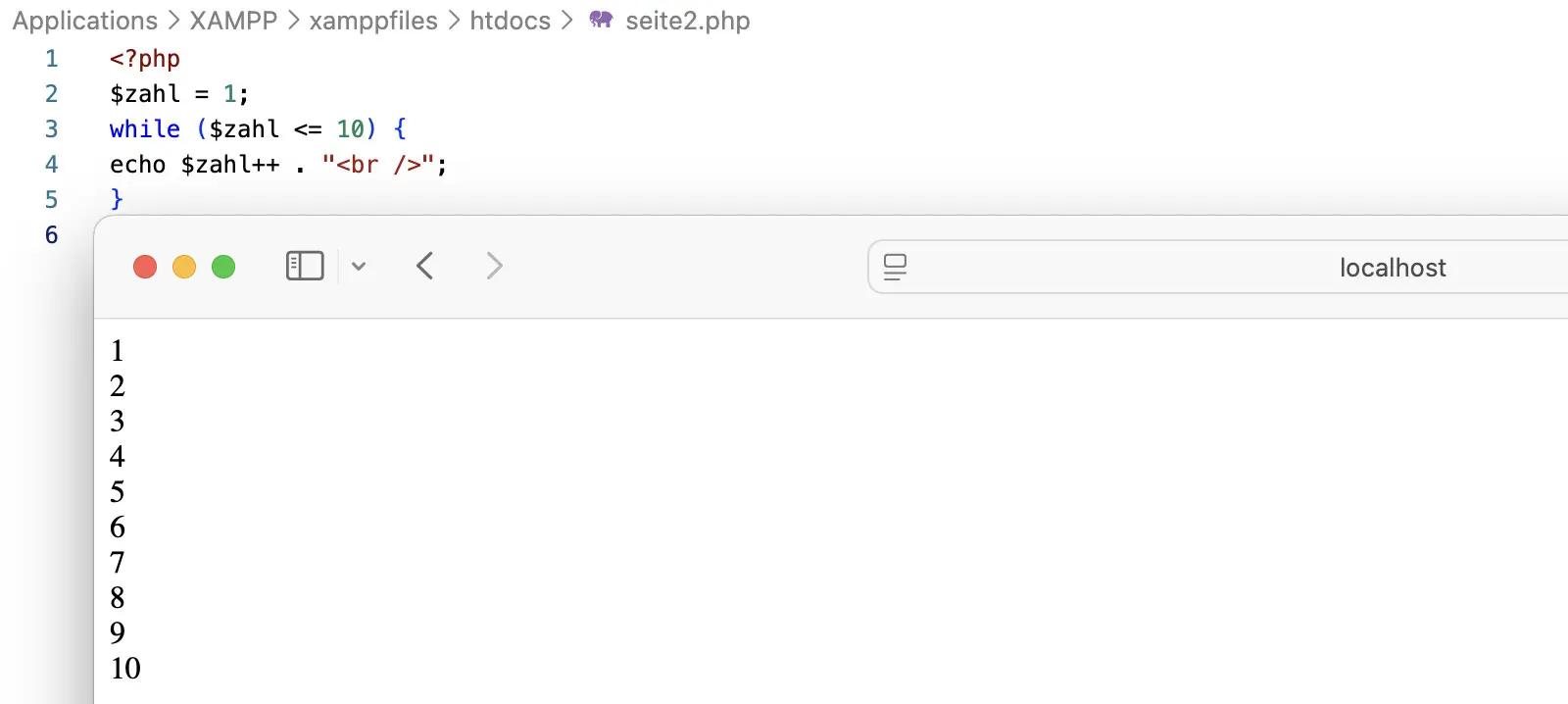 Das Skript zählt bis 10 und bricht dann ab Bild: Das Skript zählt bis 10 und bricht dann ab