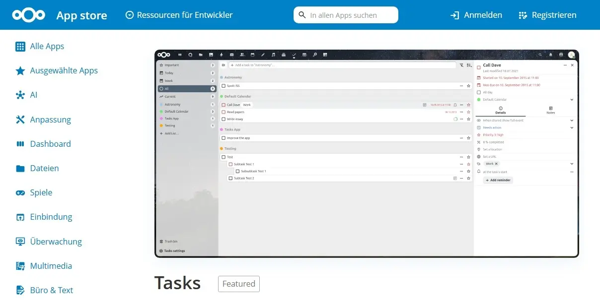 Bild: Nextcloud Tasks im Nextcloud App Store