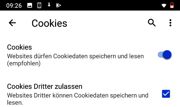 Menü, über das sich Cookies nachhaltig in der Chrome-App blockieren lassen