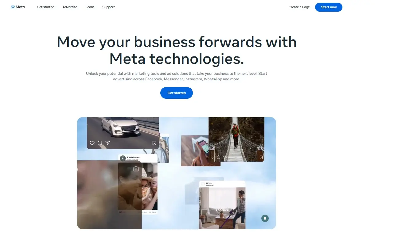 Bild: Startseite von Meta Ads mit Übersicht zu Werbemöglichkeiten auf Facebook und Instagram