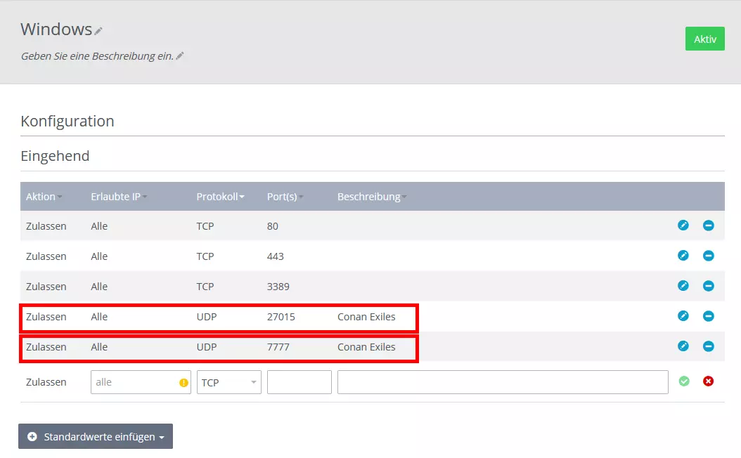 Port-Liste im Cloud Panel von IONOS