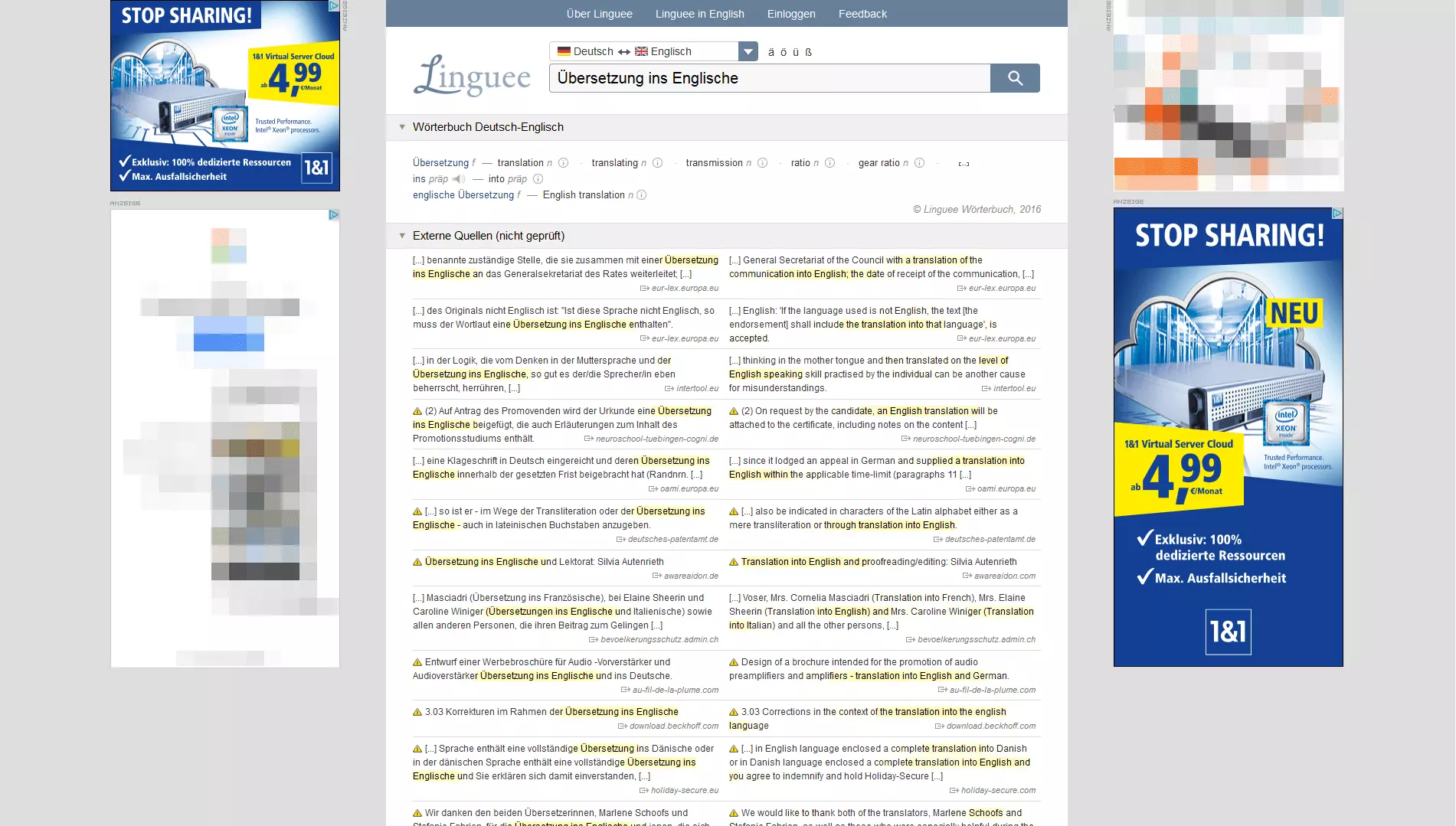 Bild: Die Ergebnisseite von Linguee mit Suchmaschinen-Treffern