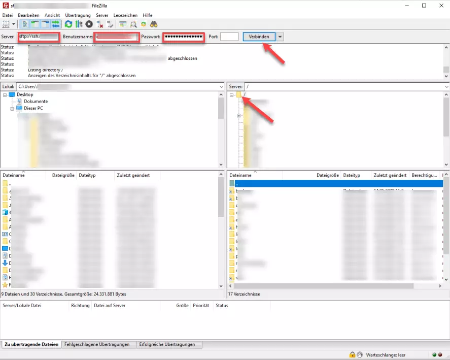 Bild: FTP-Programm FileZilla – Zugang zum Server