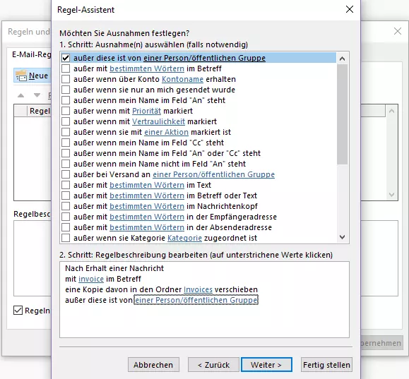 Outlook-Regel-Assistent: Auswahl der Ausnahme-Bedingung Outlook-Regel-Assistent: Auswahl der Ausnahme-Bedingung