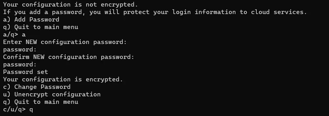 Passwort für die rclone-Konfiguration definieren Passwort für die rclone-Konfiguration definieren