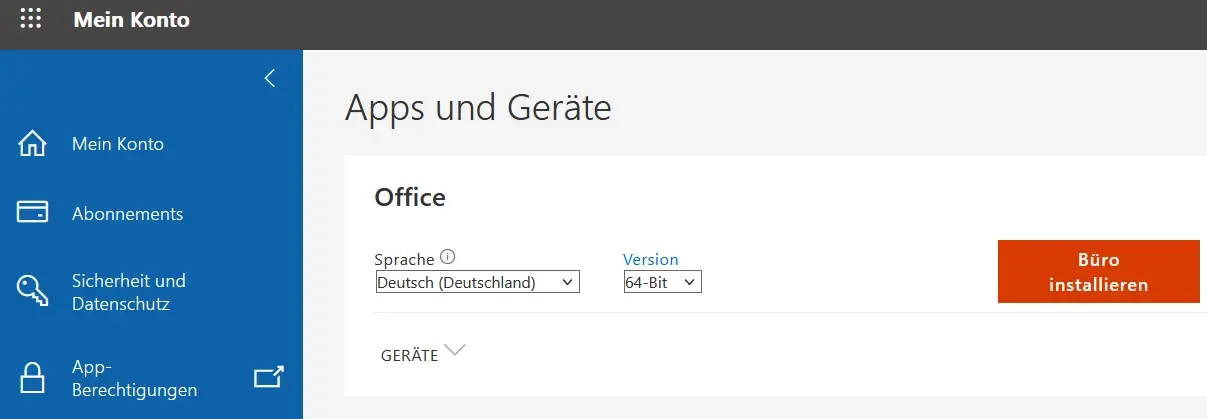 „Apps und Geräte“ in der Microsoft-365-Oberfläche Bild: „Apps und Geräte“ in der Microsoft-365-Oberfläche