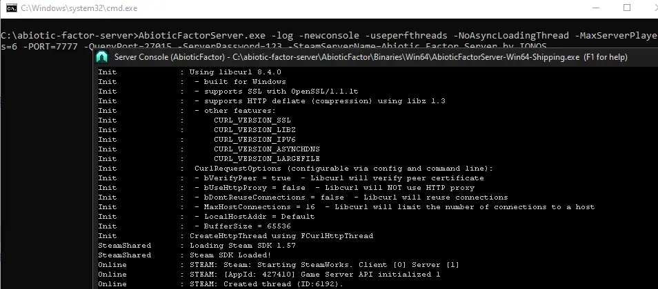 Bild: Gestarteter „Abiotic Factor“-Server in der Server Console