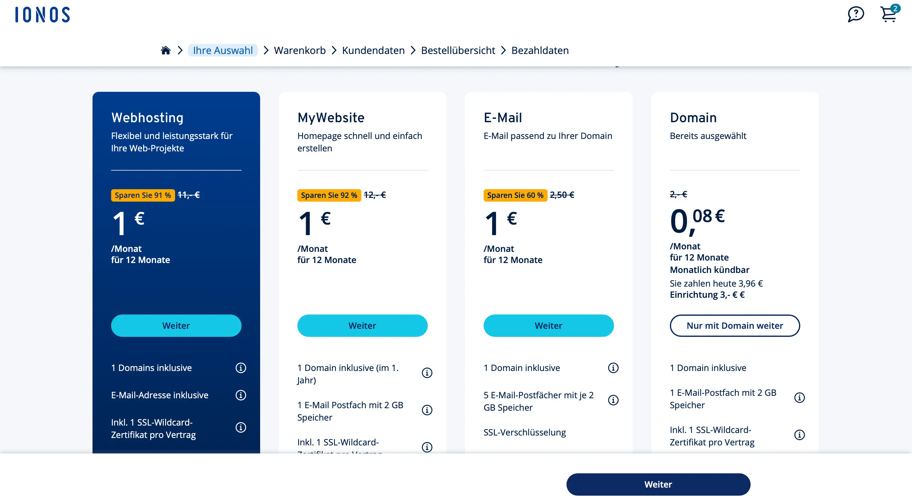 Bild: Screenshot der Produktauswahl bei IONOS