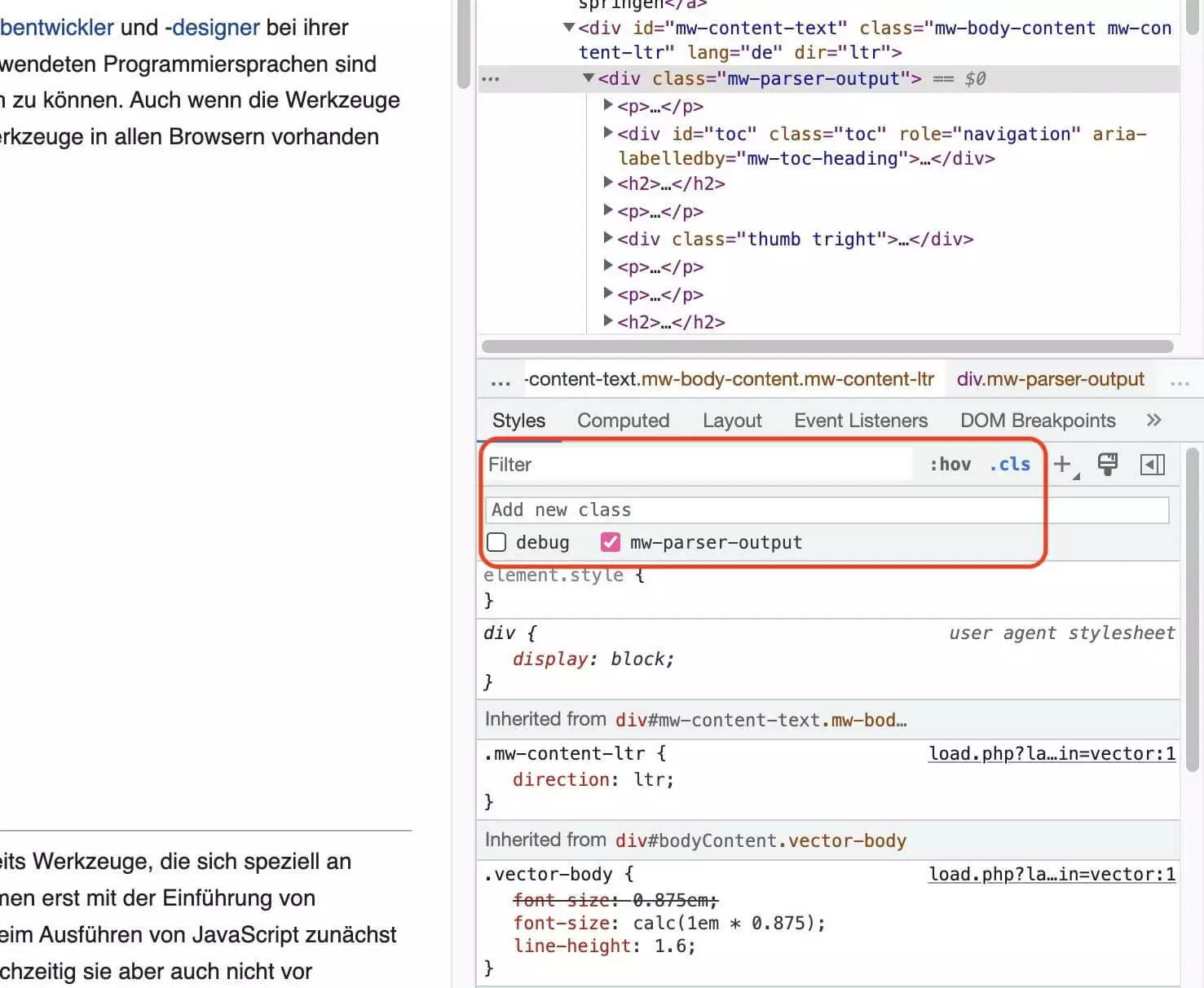 Bild: Klassen-Feld der Chrome Developer Tools