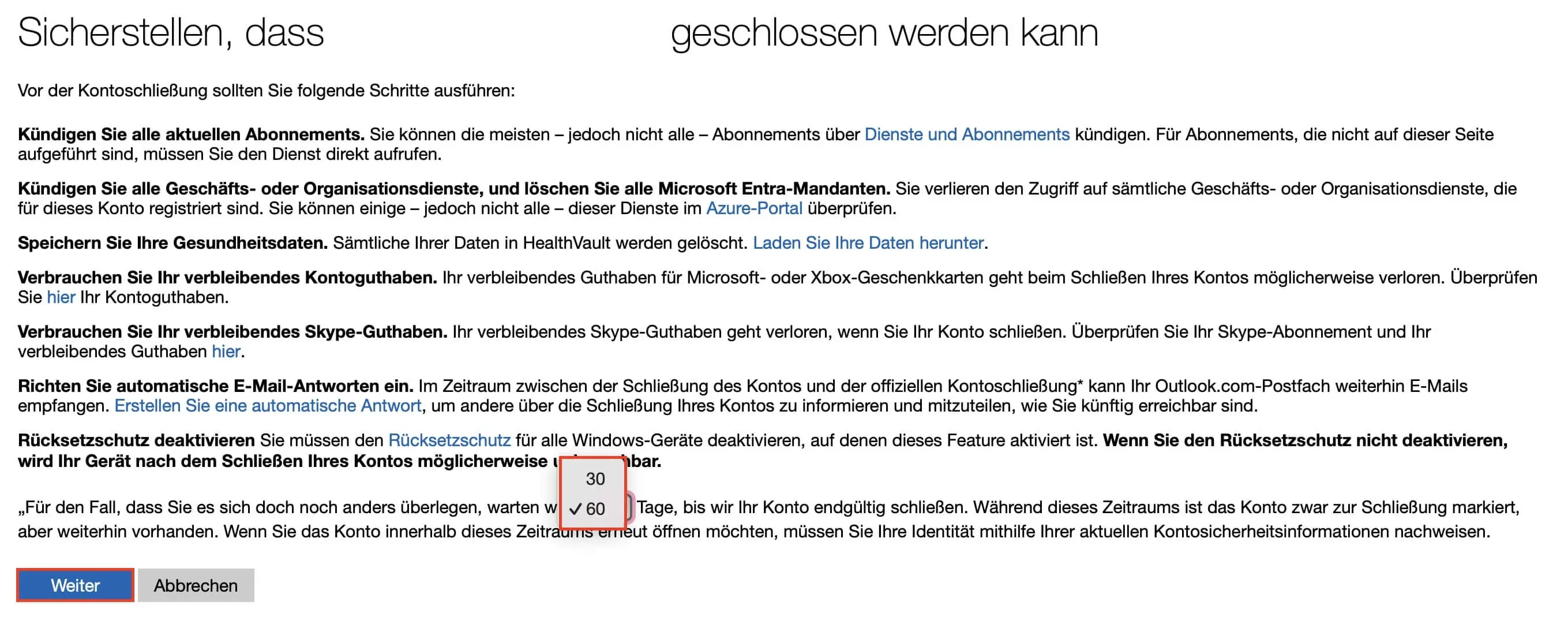 Microsoft-Konto schließen: Vorabinformationen Bild: Microsoft-Konto schließen: Vorabinformationen