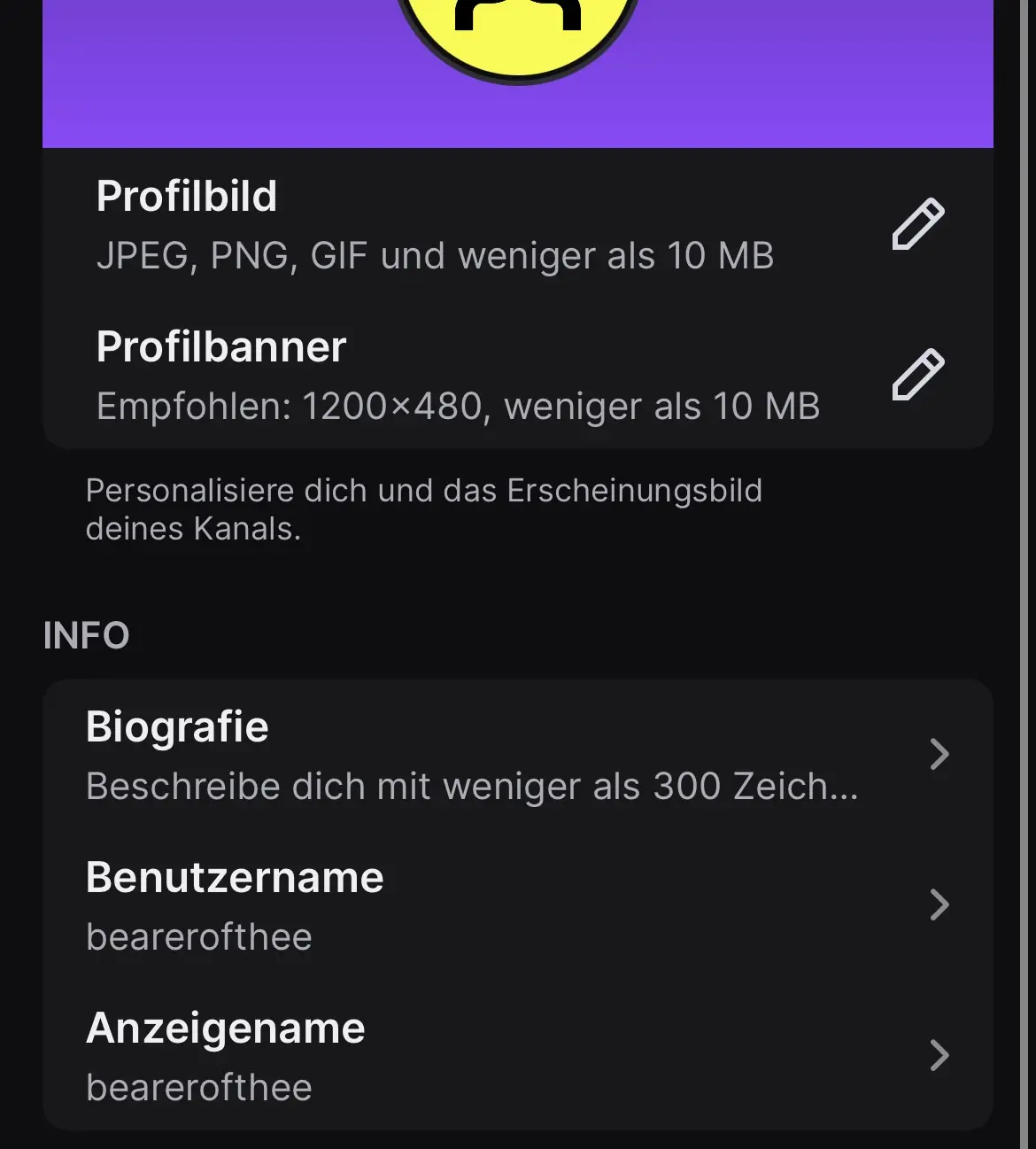 Bild: Menü „Profil bearbeiten“ in der Twitch-App