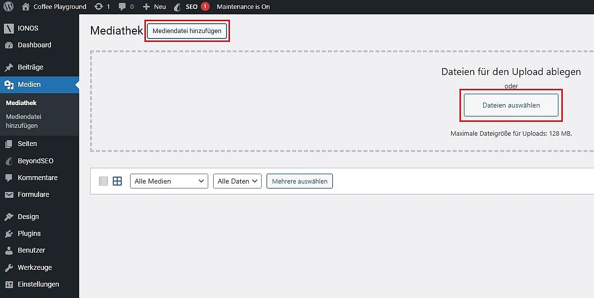 Bild: WordPress-Mediathek: Dialogfeld für den Datei-Upload