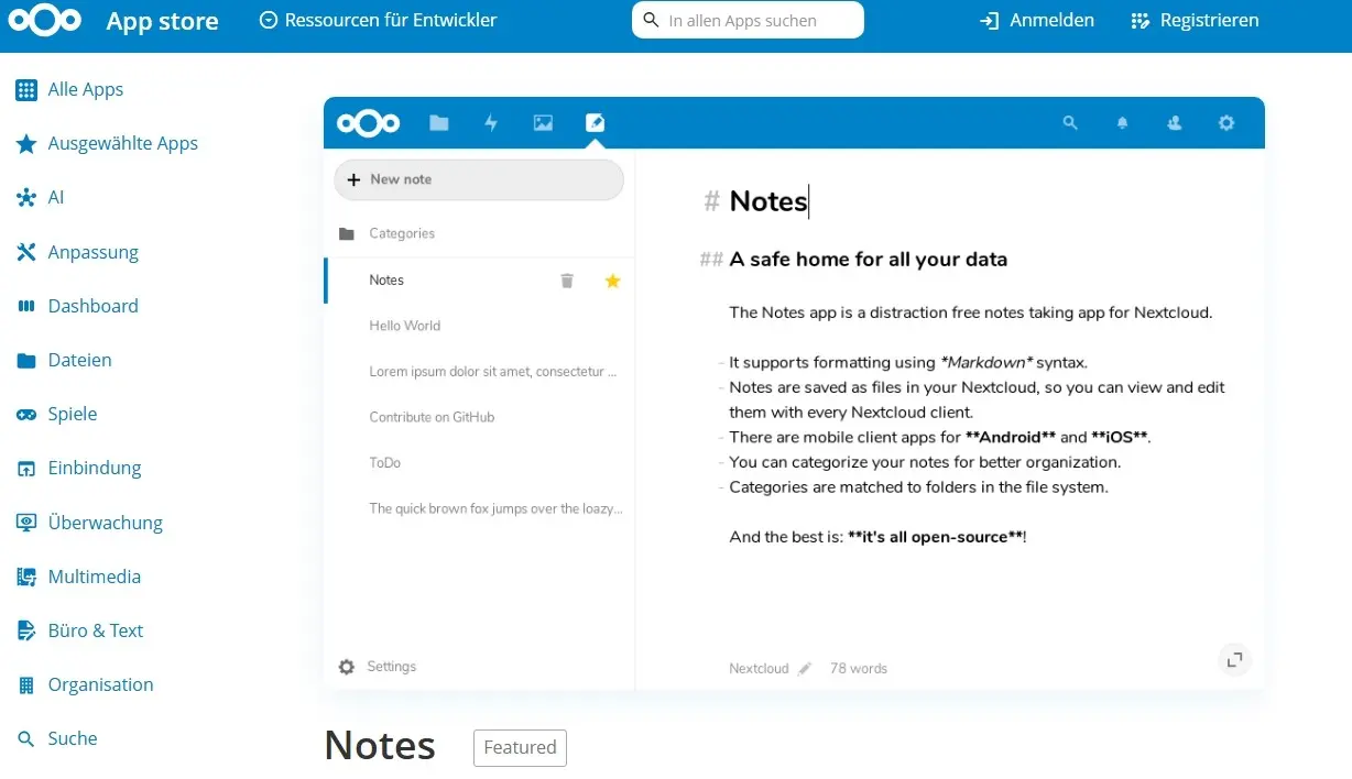 Bild: Nextcloud Notes im Nextcloud App Store