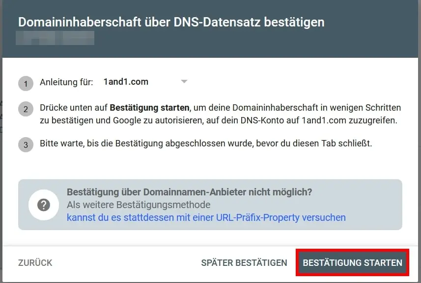 Bild: GSC: Domaininhaberschaft bestätigen