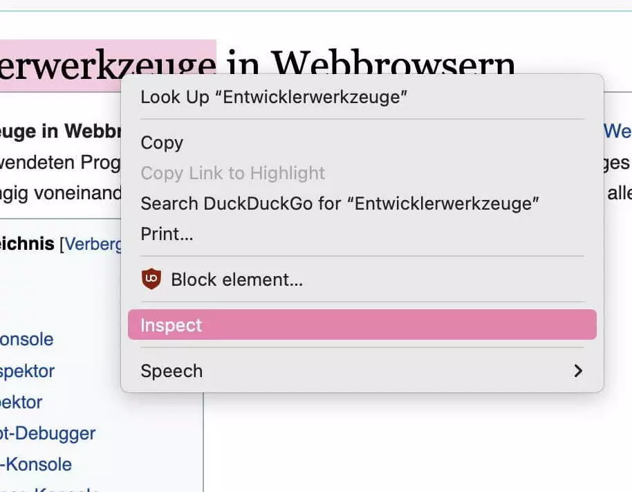 Bild: Kontext-Menü mit Eintrag „Inspect element“ in Chrome