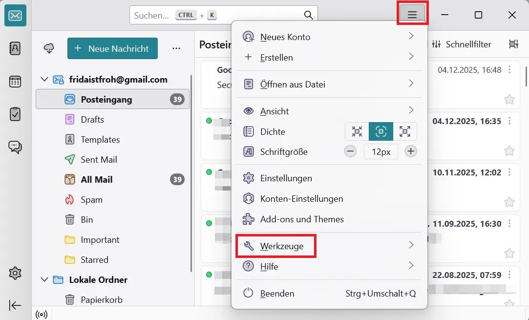 Bild: Thunderbird-Abwesenheitsnotiz einrichten: „Werkzeuge“-Menü