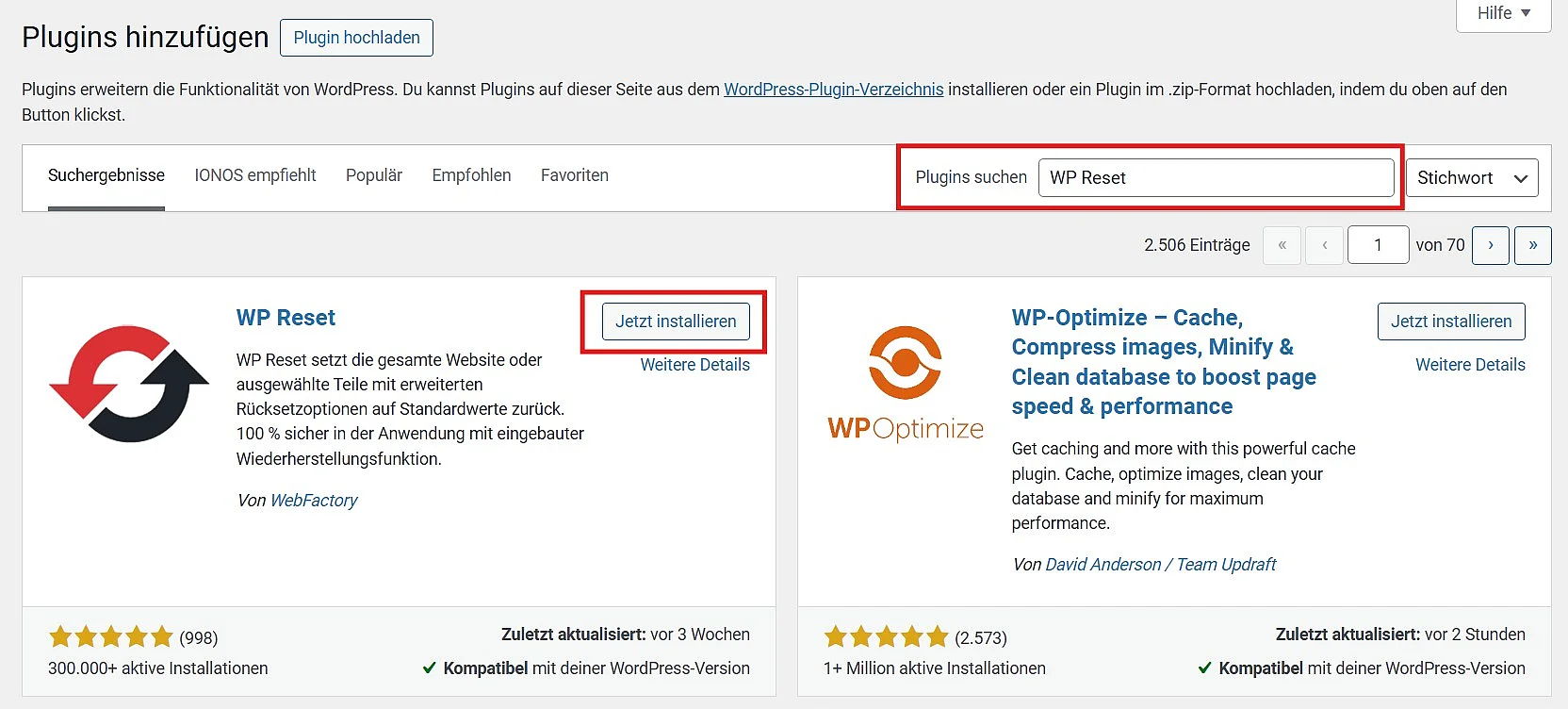 WordPress Plugin-Seite vor Klick auf den „Installieren“-Button Bild: WordPress Plugin-Seite vor Klick auf den „Installieren“-Button